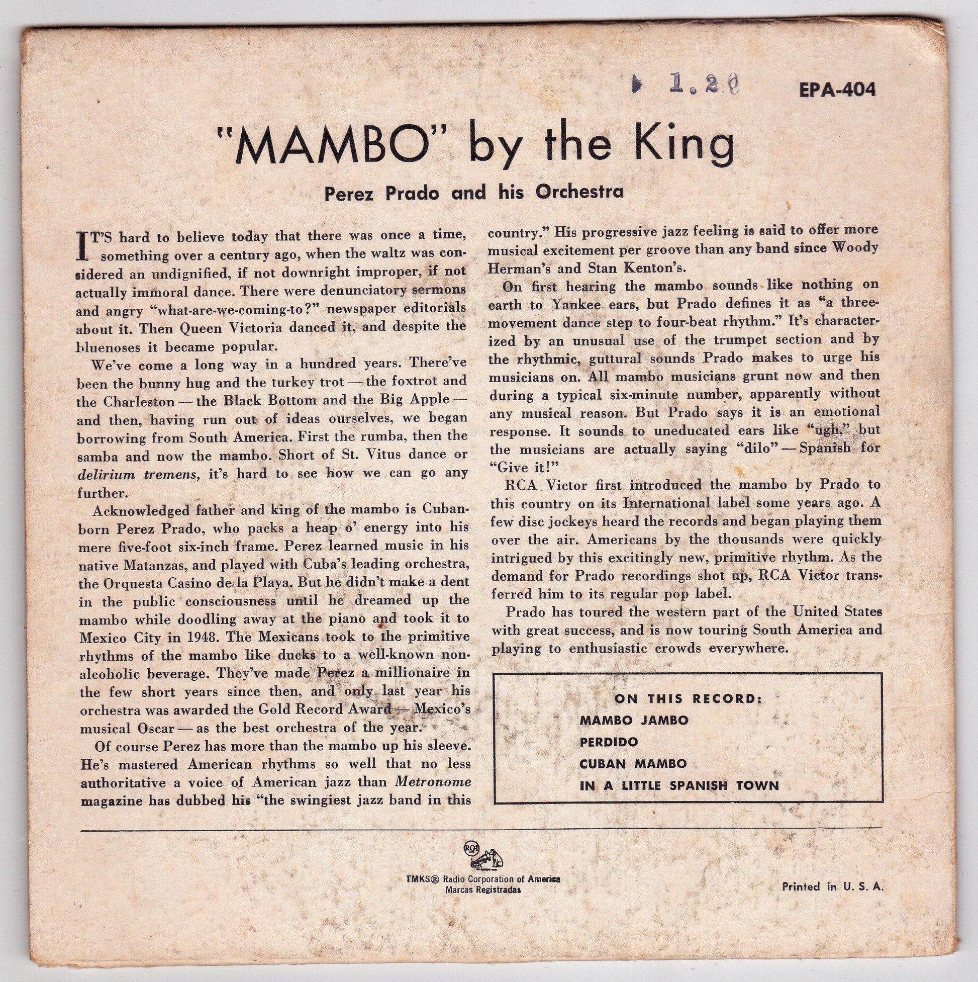 Perez Prado And His Orchestra Mambo By The King RCA Victor 45RPM EPA-404 1956 - TulipStuff