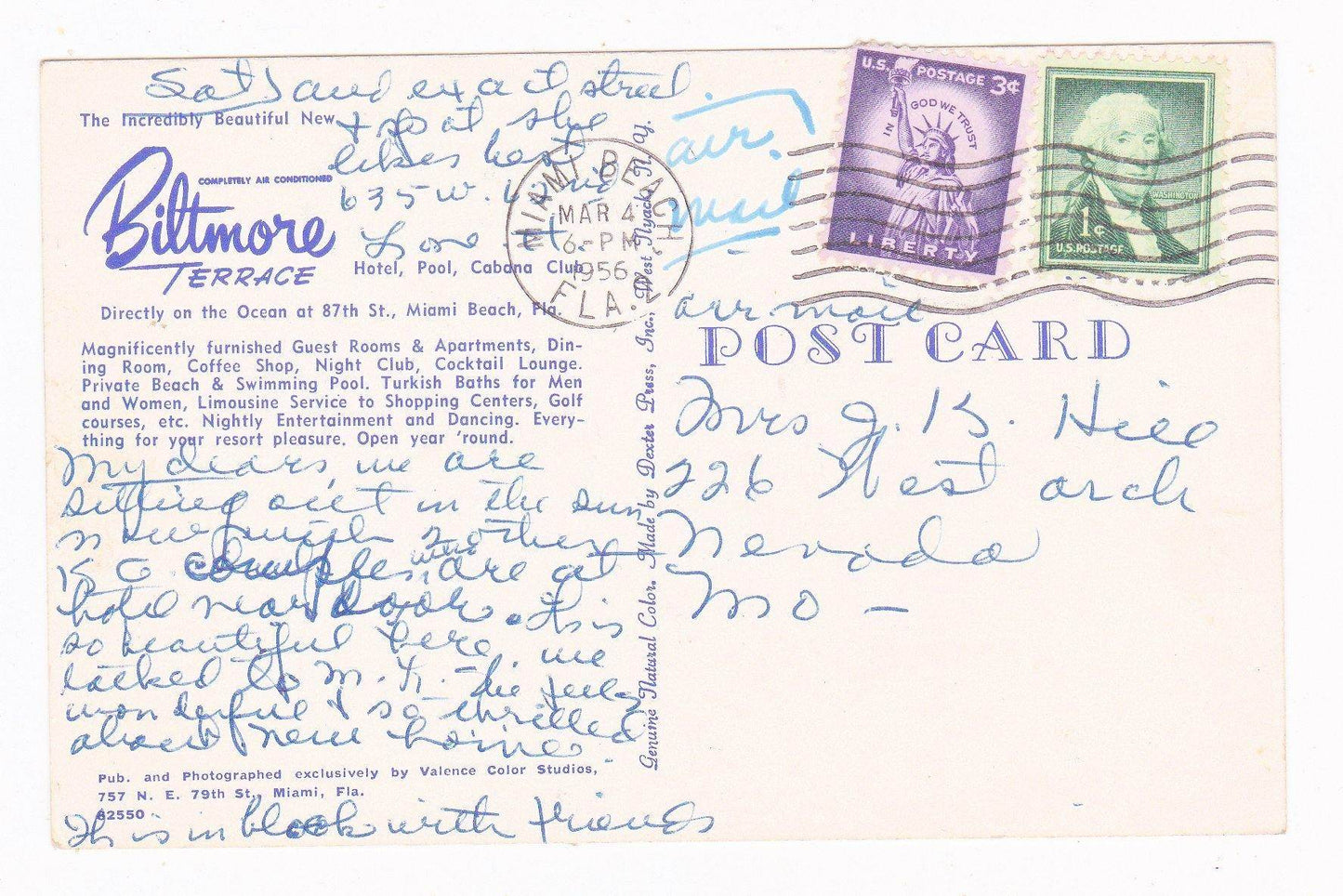 Biltmore Terrace Hotel Pool Cabana Club Miami Beach Florida 1950's Chrome Postcard - TulipStuff