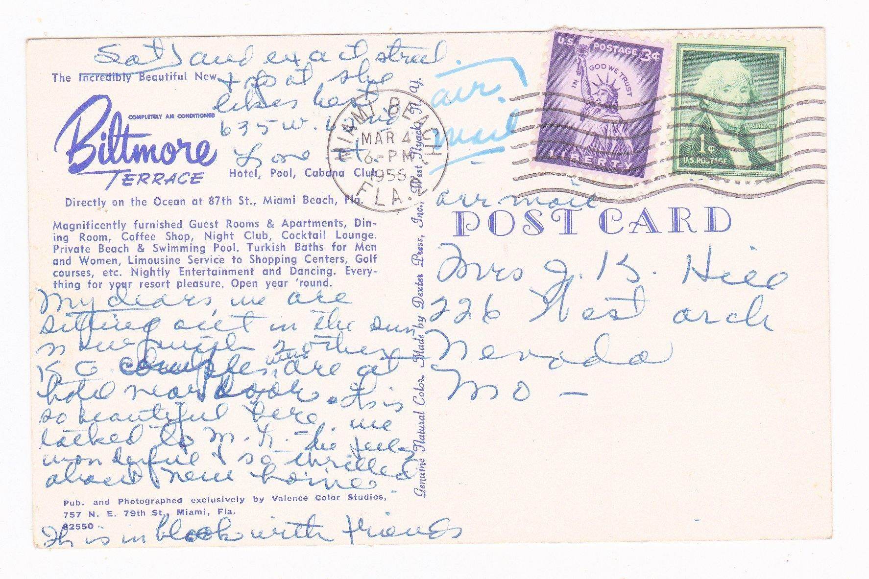 Biltmore Terrace Hotel Pool Cabana Club Miami Beach Florida 1950's Chrome Postcard - TulipStuff