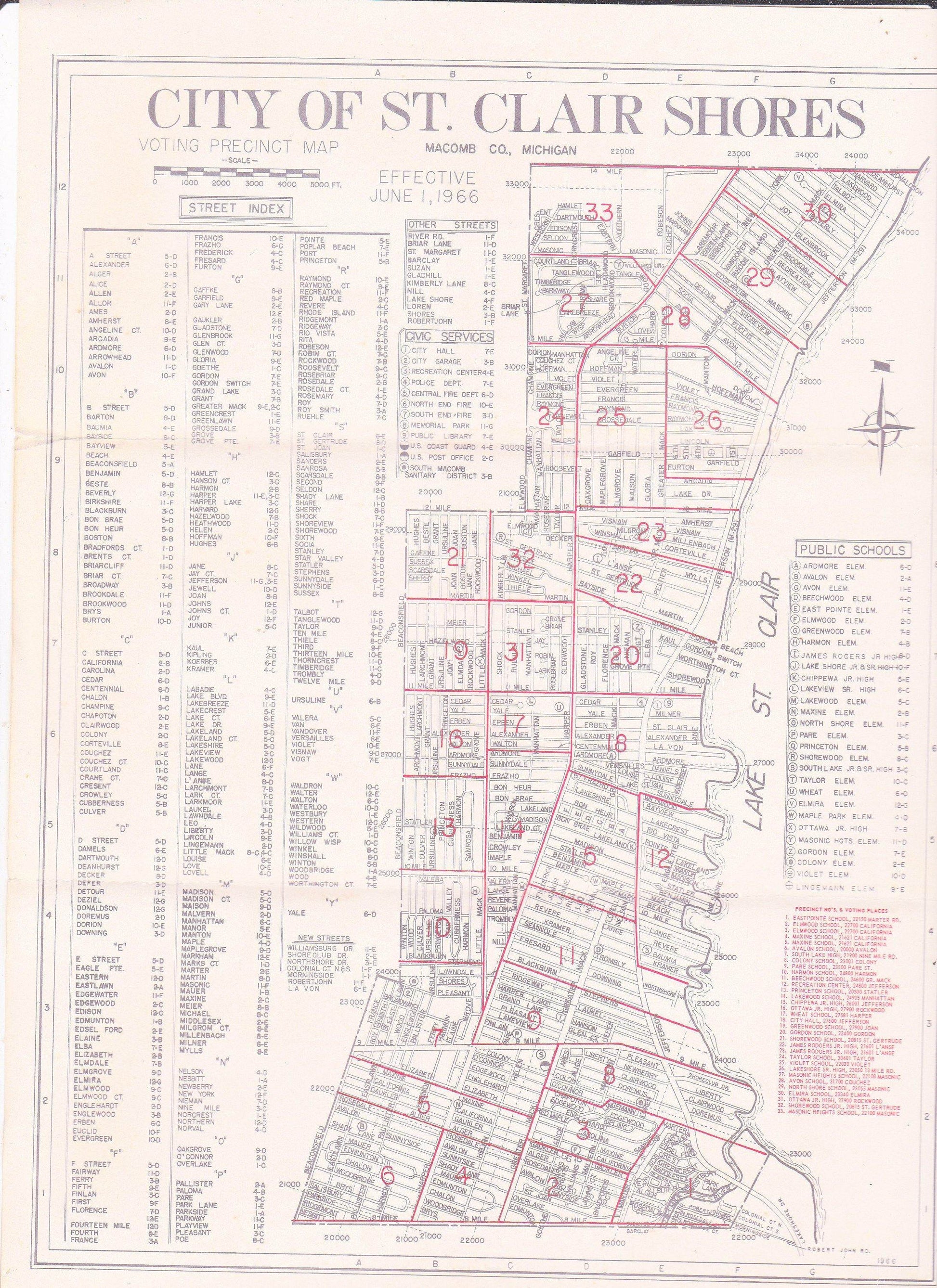 City of St Clair Shores Michigan Vintage June 1966 Voting Precinct Map - TulipStuff