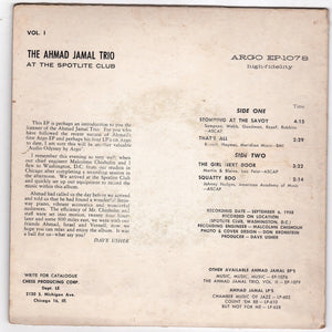 Ahmad Jamal Trio At The Spotlite Club 7 inch  Vinyl ARGO EP-1078 1958 - TulipStuff