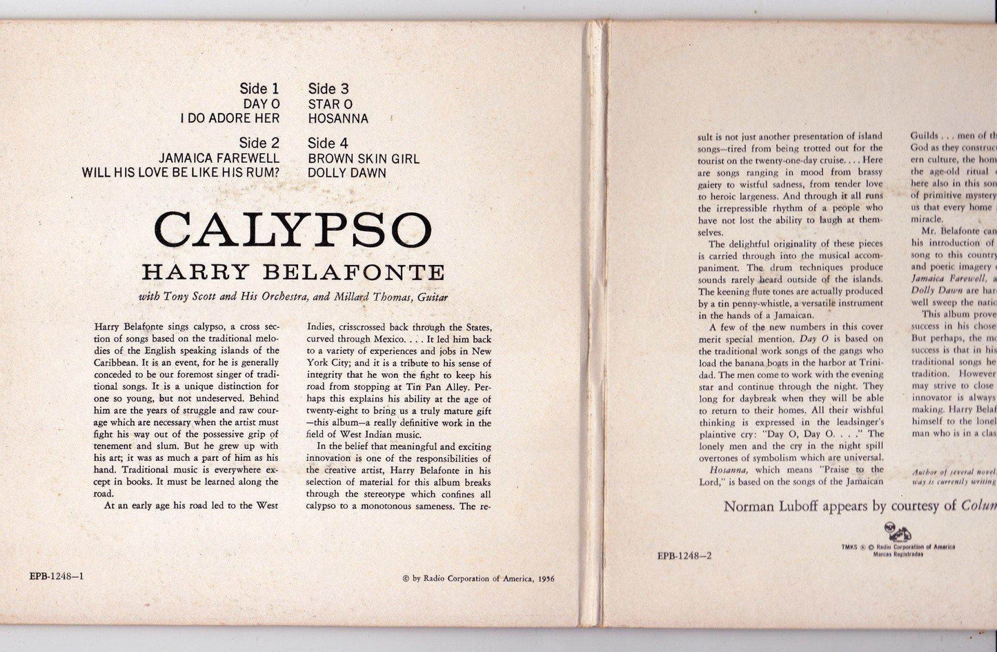 Harry Belafonte Calypso 2x7in Vinyl EP RCA Victor EPB-1248 1956  Day-O Banana Boat Song - TulipStuff