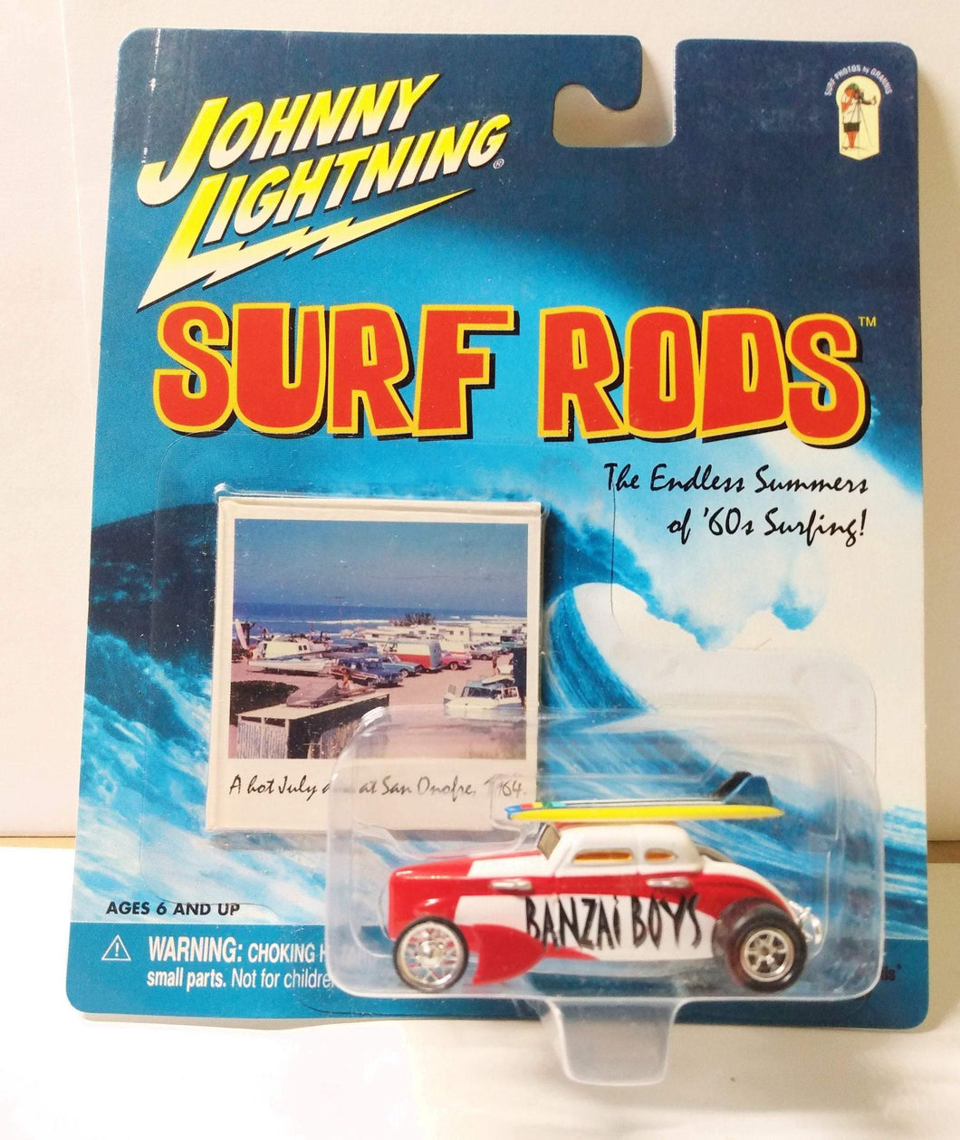 Johnny Lightning  Surf Rods Banzai Boys  Speed Coupe Diecast Carwith Surfboards 2000 - TulipStuff