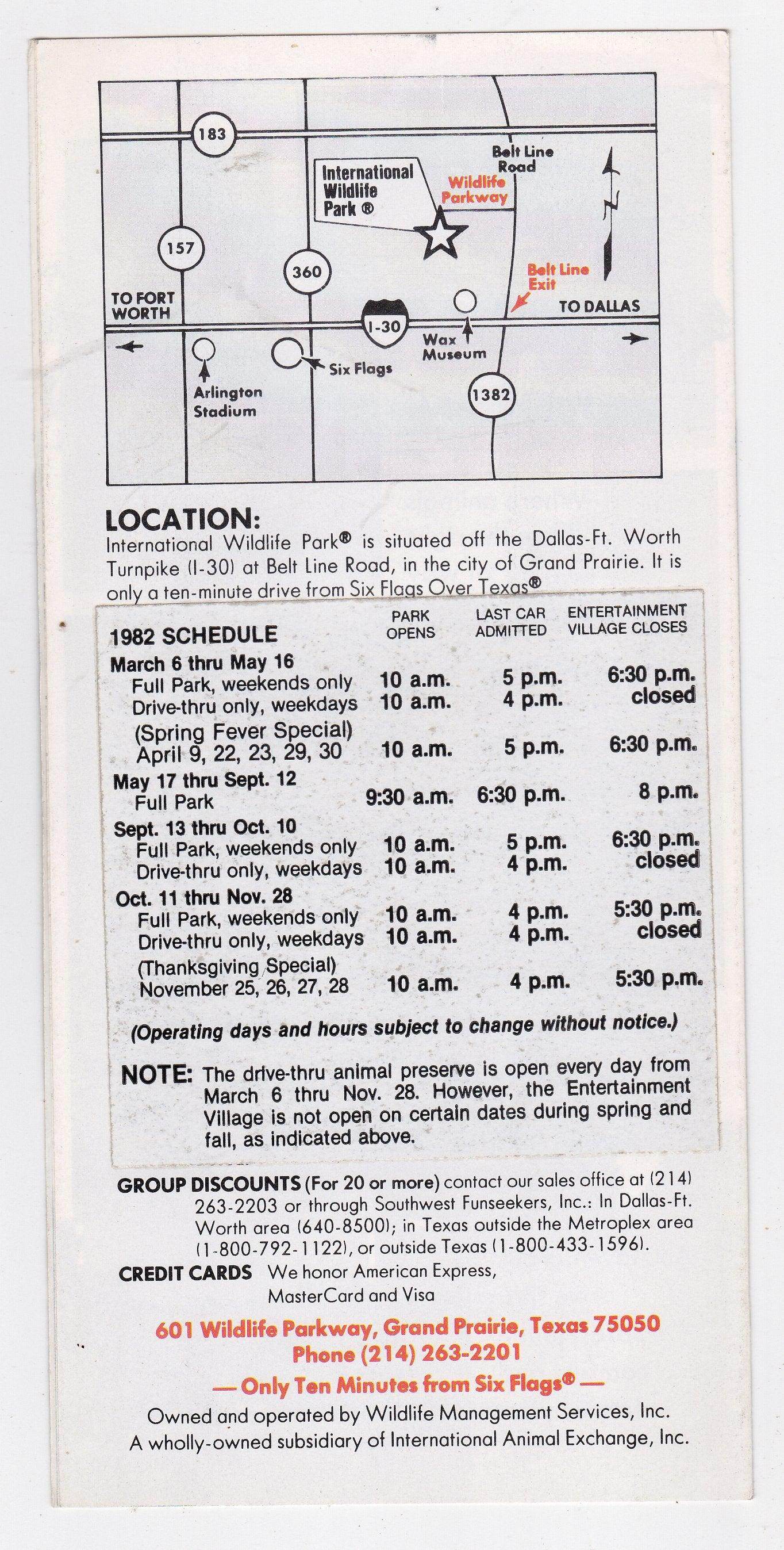 International Wildlife Park Grand Prairie Texas 1982 Brochure - TulipStuff