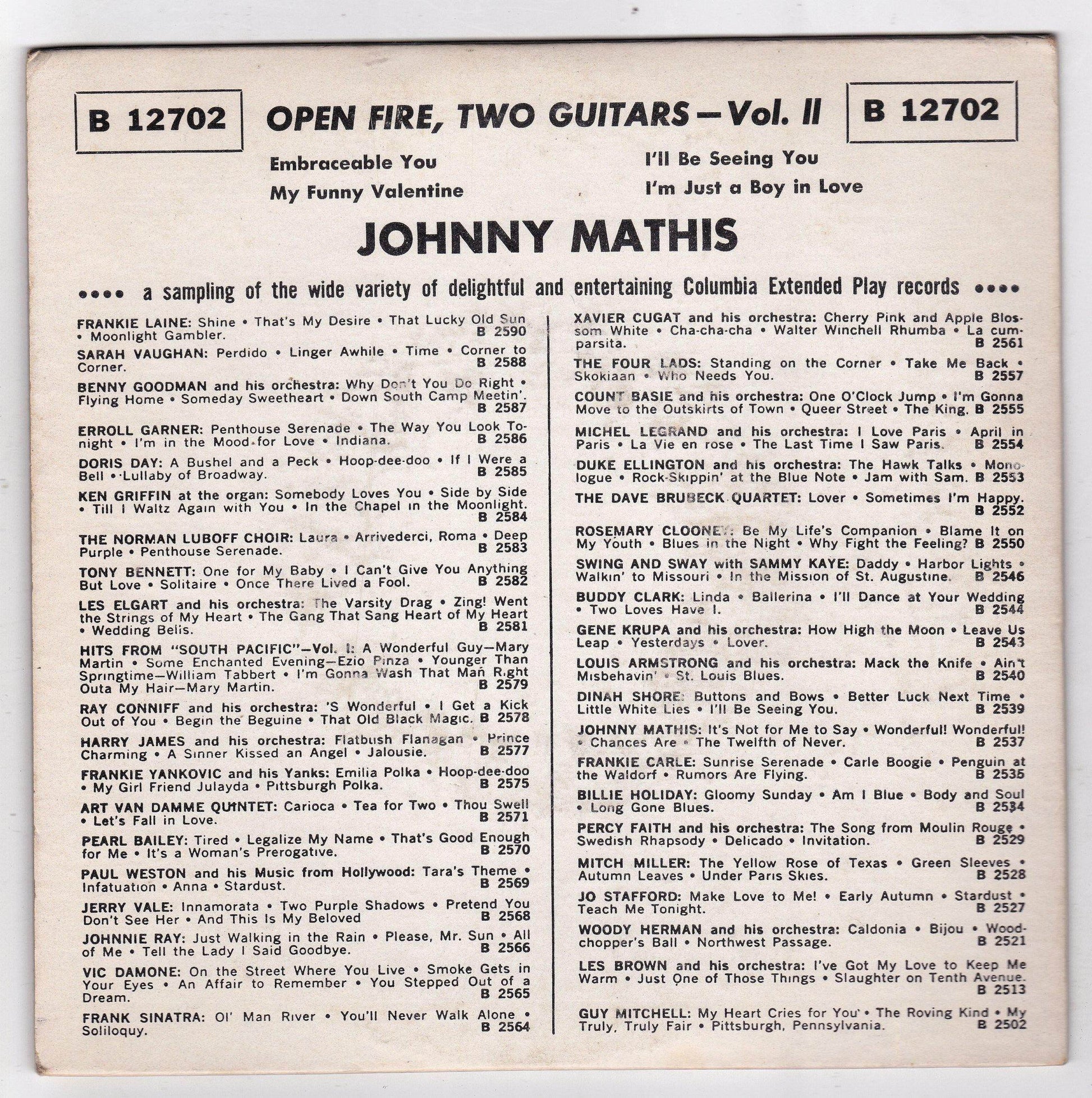 Johnny Mathis Open Fire Two Guitars Vol II 7" EP 1959 Columbia B12702 - TulipStuff