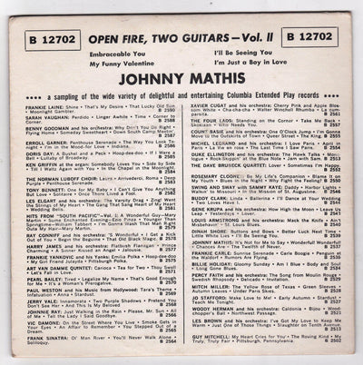 Johnny Mathis Open Fire Two Guitars Vol II 7" EP 1959 Columbia B12702 - TulipStuff