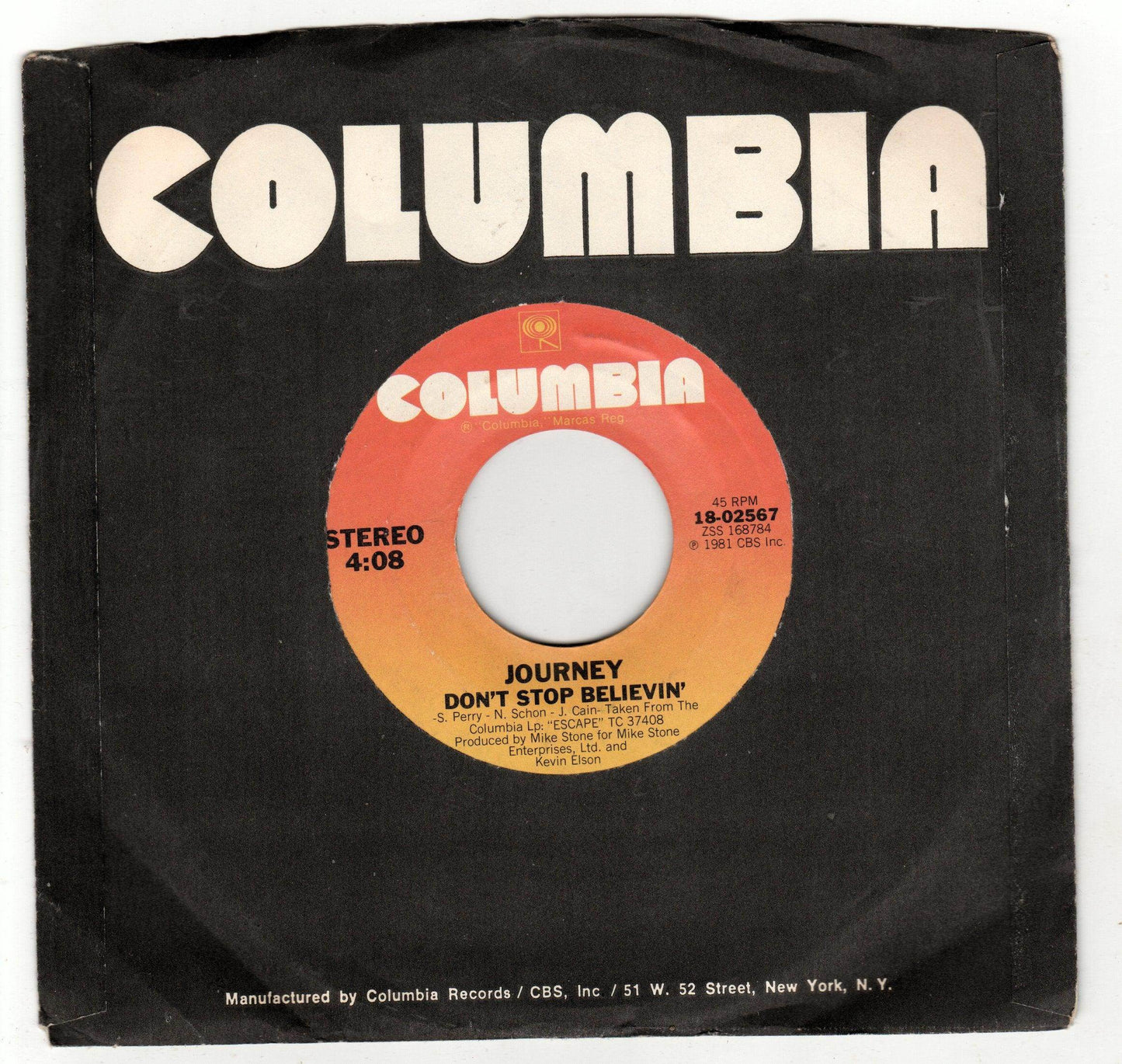 Journey Don't Stop Believin' 7" Vinyl Record Columbia 18-02567 1981 - TulipStuff