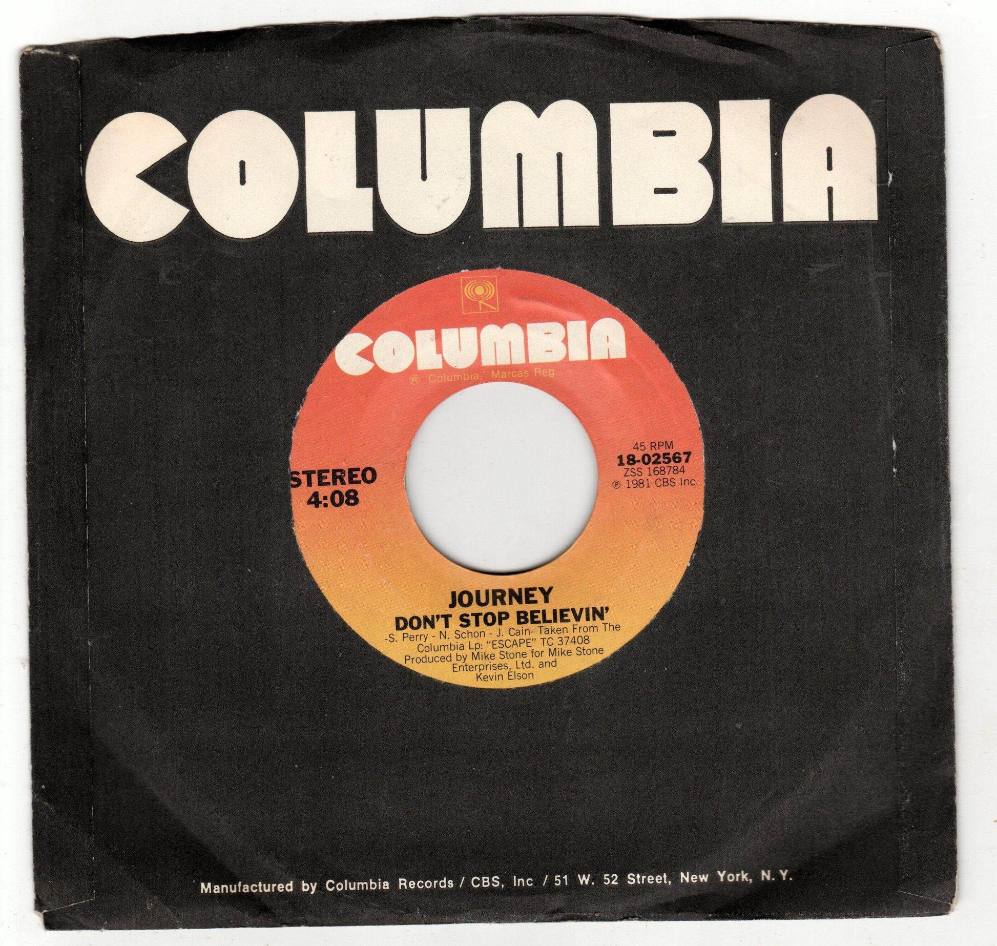 Journey Don't Stop Believin' 7" Vinyl Record Columbia 18-02567 1981 - TulipStuff