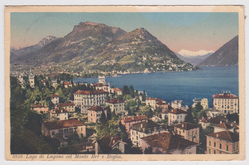 Lago di Lugano col Mont Bre e Boglia Italy Switzerland Postcard 1937 - TulipStuff