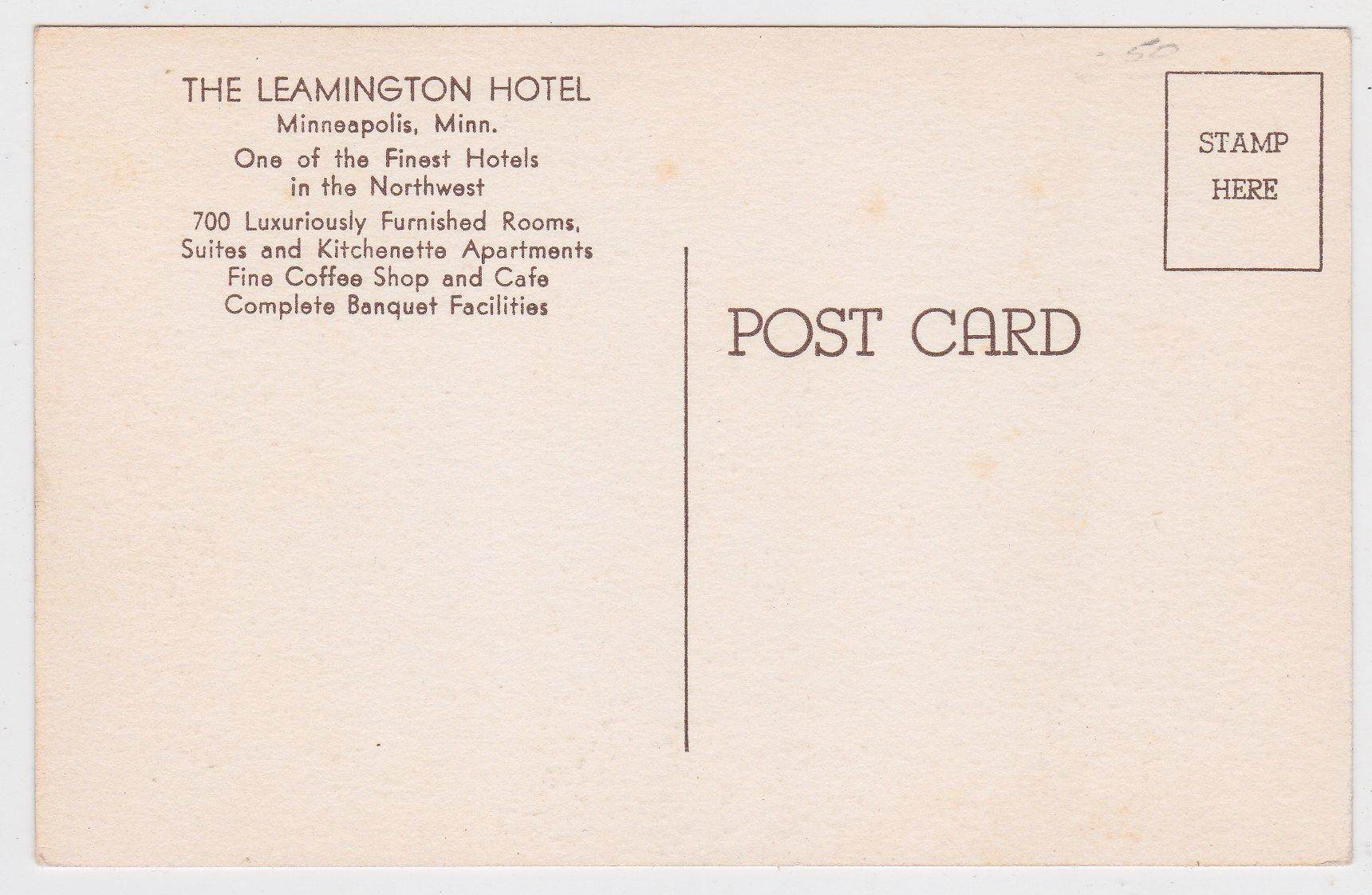 The Leamington Hotel Minneapolis Minnesota 1940's Postcard - TulipStuff