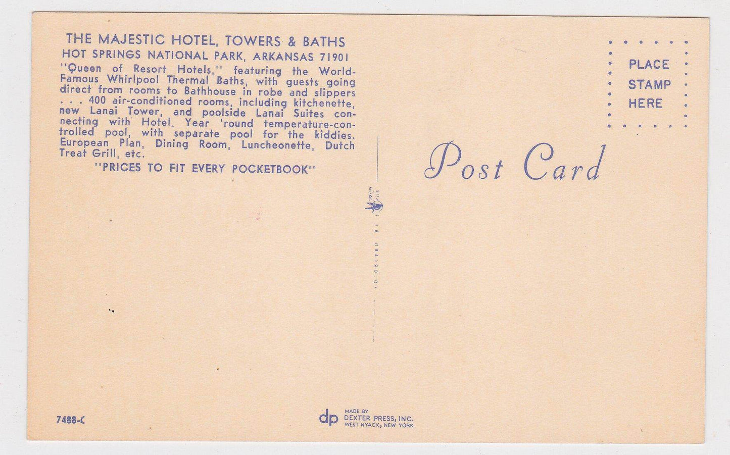 Majestic Hotel Towers and Baths Hot Springs Arkansas Postcard 1960's - TulipStuff
