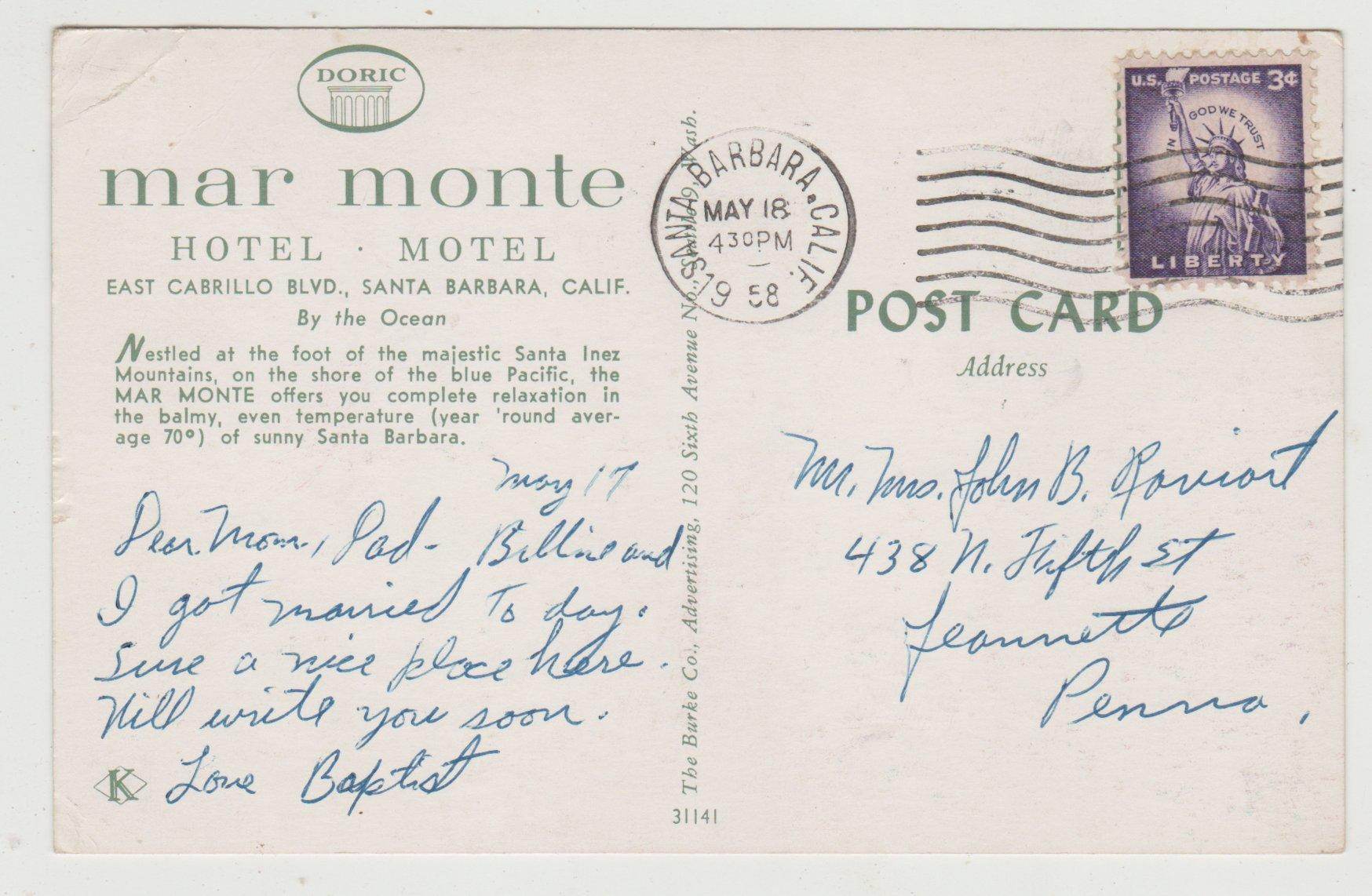 Mar Monte Hotel Motel Santa Barbara California Postcard 1958 - TulipStuff