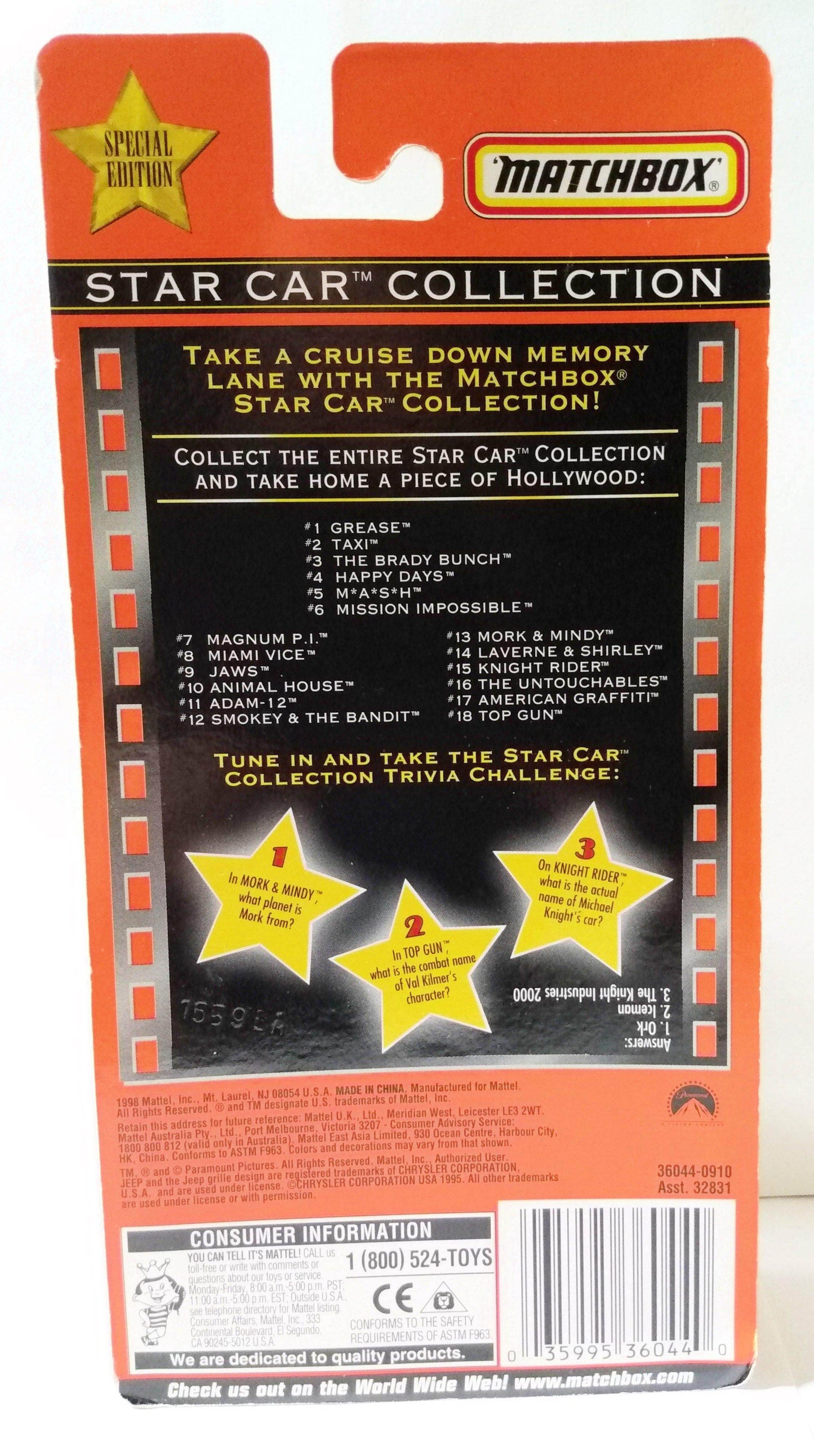 Matchbox Star Car Collection Mork and Mindy Jeep Wrangler 1998 - TulipStuff