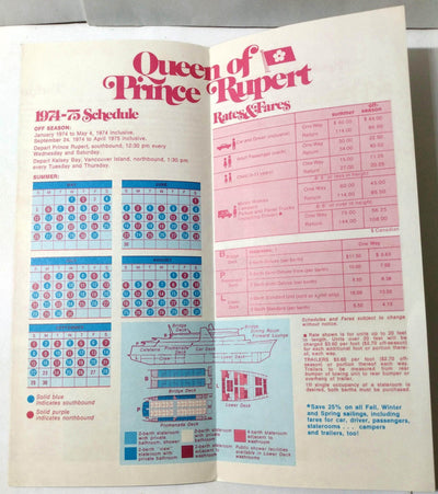 British Columbia Ferries mv Queen of Prince Rupert 1974-75 Brochure - TulipStuff
