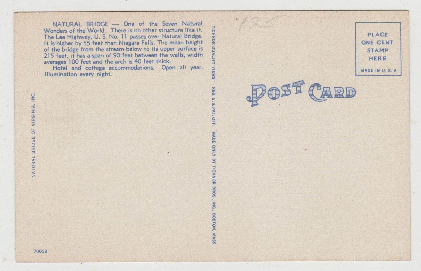 Natural Bridge In Winter Virginia Linen Postcard 1940's - TulipStuff