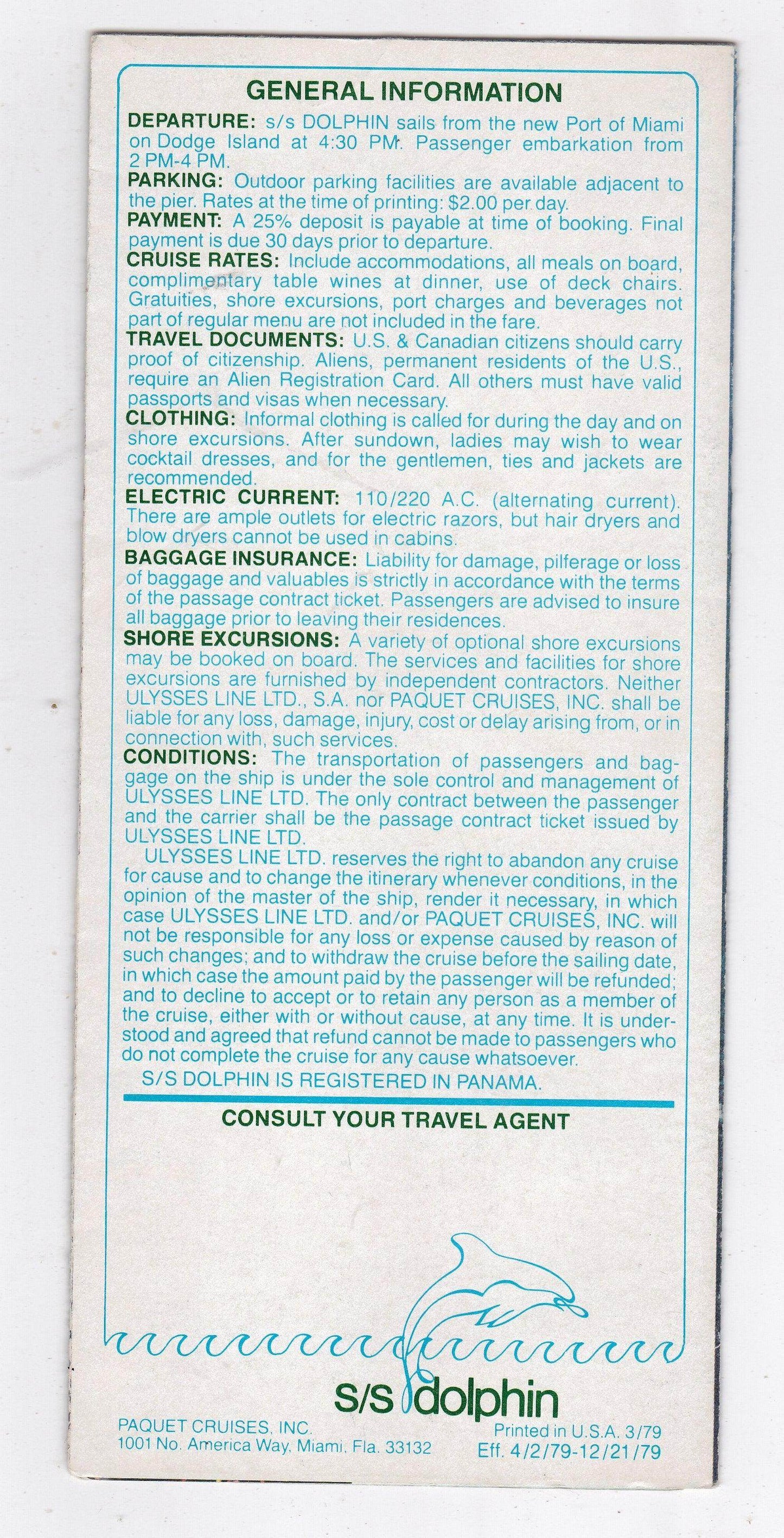 Paquet Ulysses Cruises ss Dolphin 1979 Bahamas Nassau Miami Brochure - TulipStuff