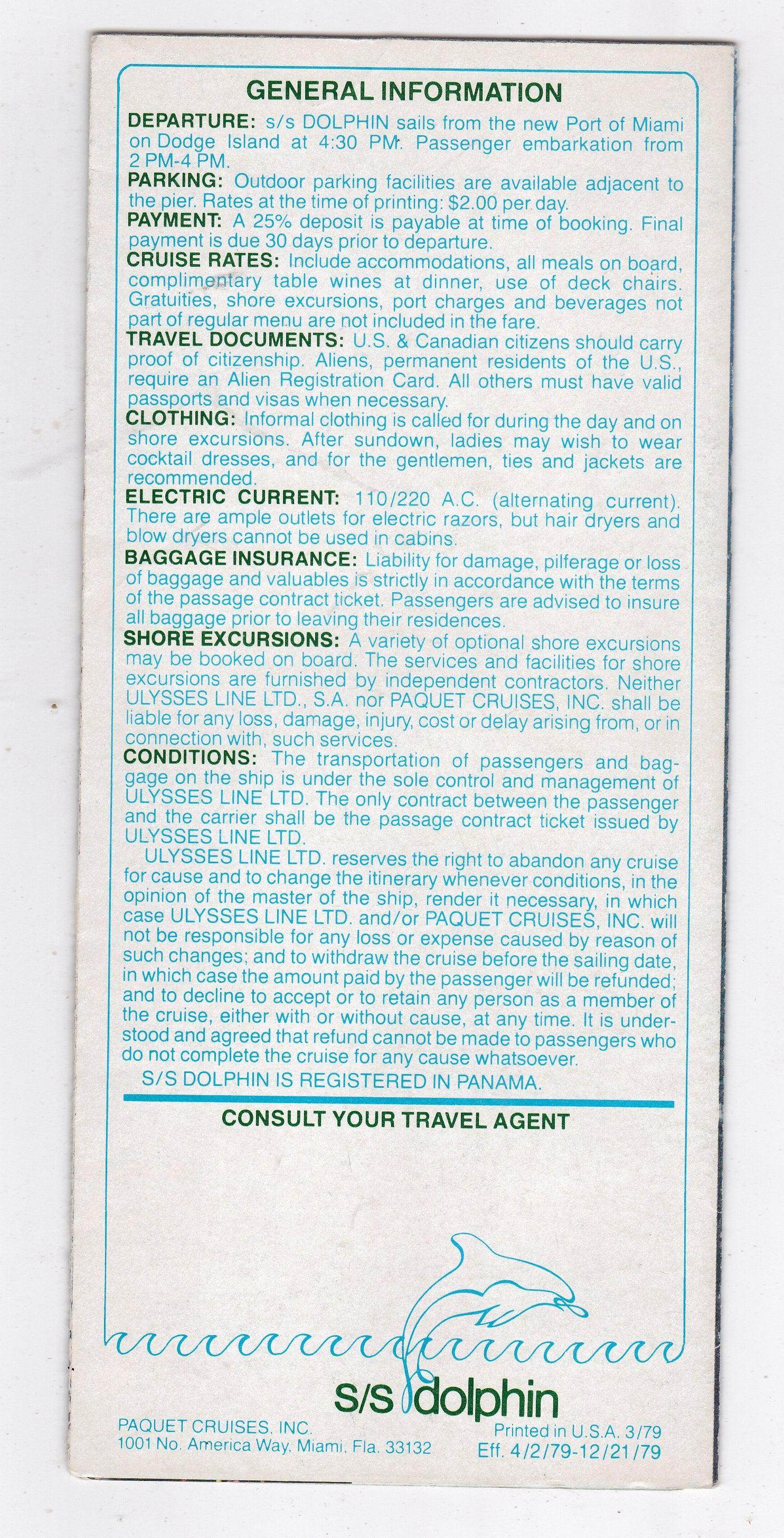 Paquet Ulysses Cruises ss Dolphin 1979 Bahamas Nassau Miami Brochure - TulipStuff