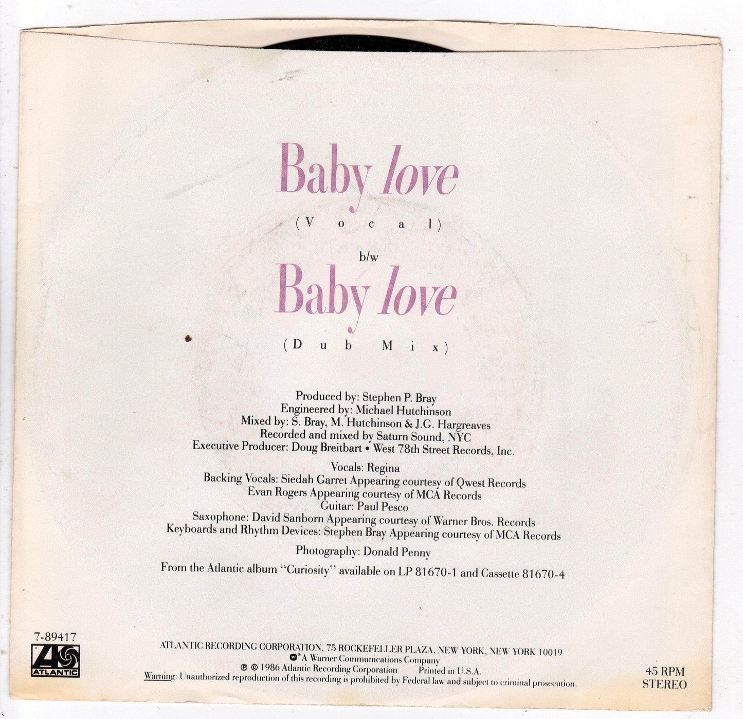 Regina Baby Love 7" 45 RPM Vinyl Record SynthPop 1986 - TulipStuff