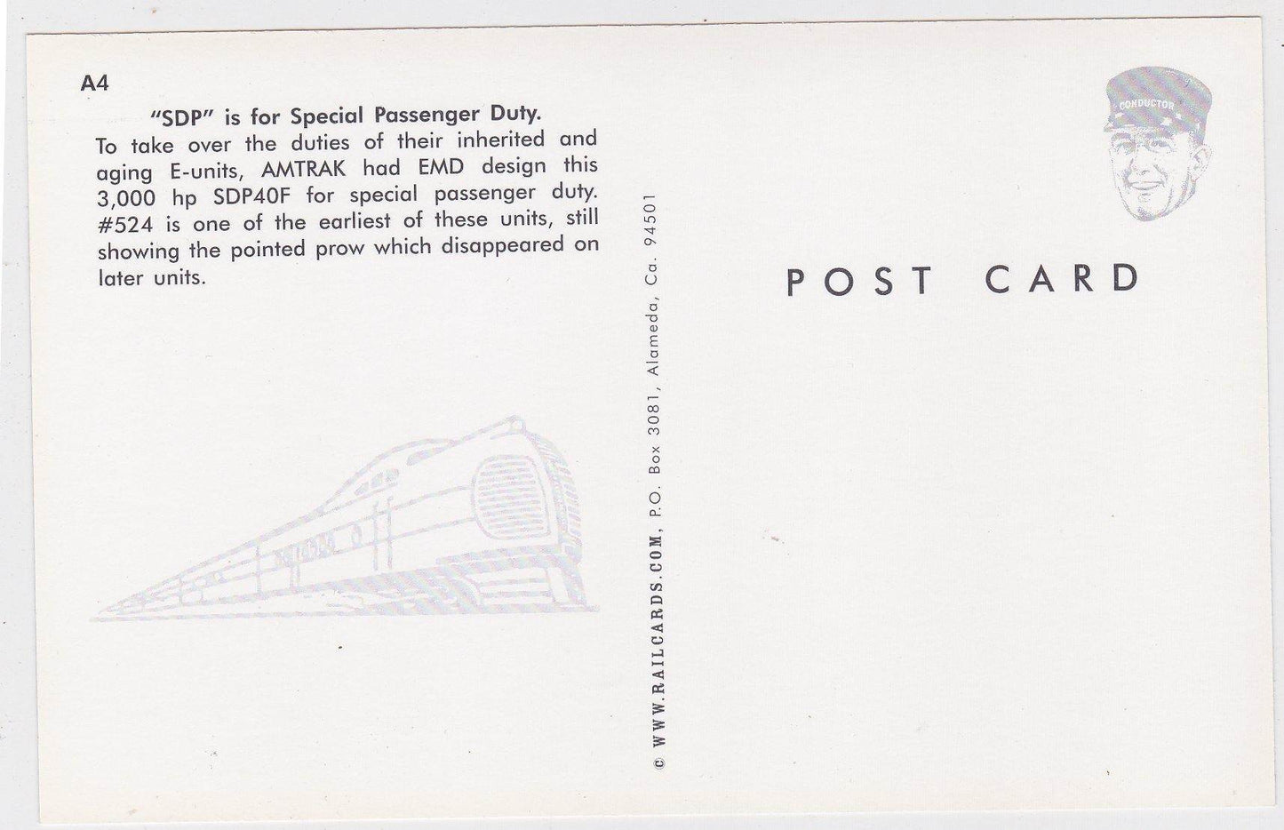Amtrak EMD SDP40F Passenger Train Locomotive Postcard - TulipStuff