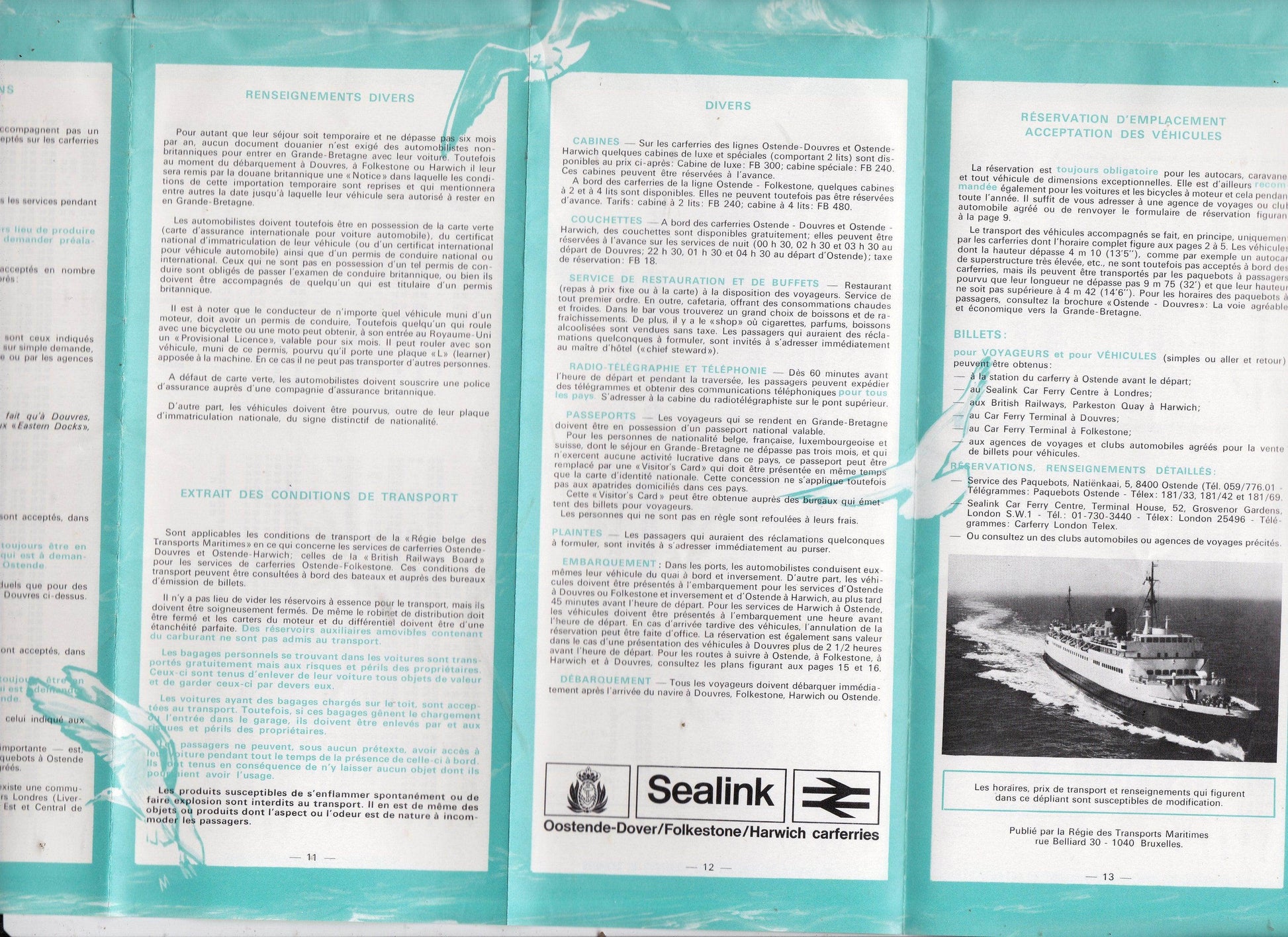 Sealink 1972 Car Ferry Schedule Dover Ostende Harwich Folkestone French - TulipStuff