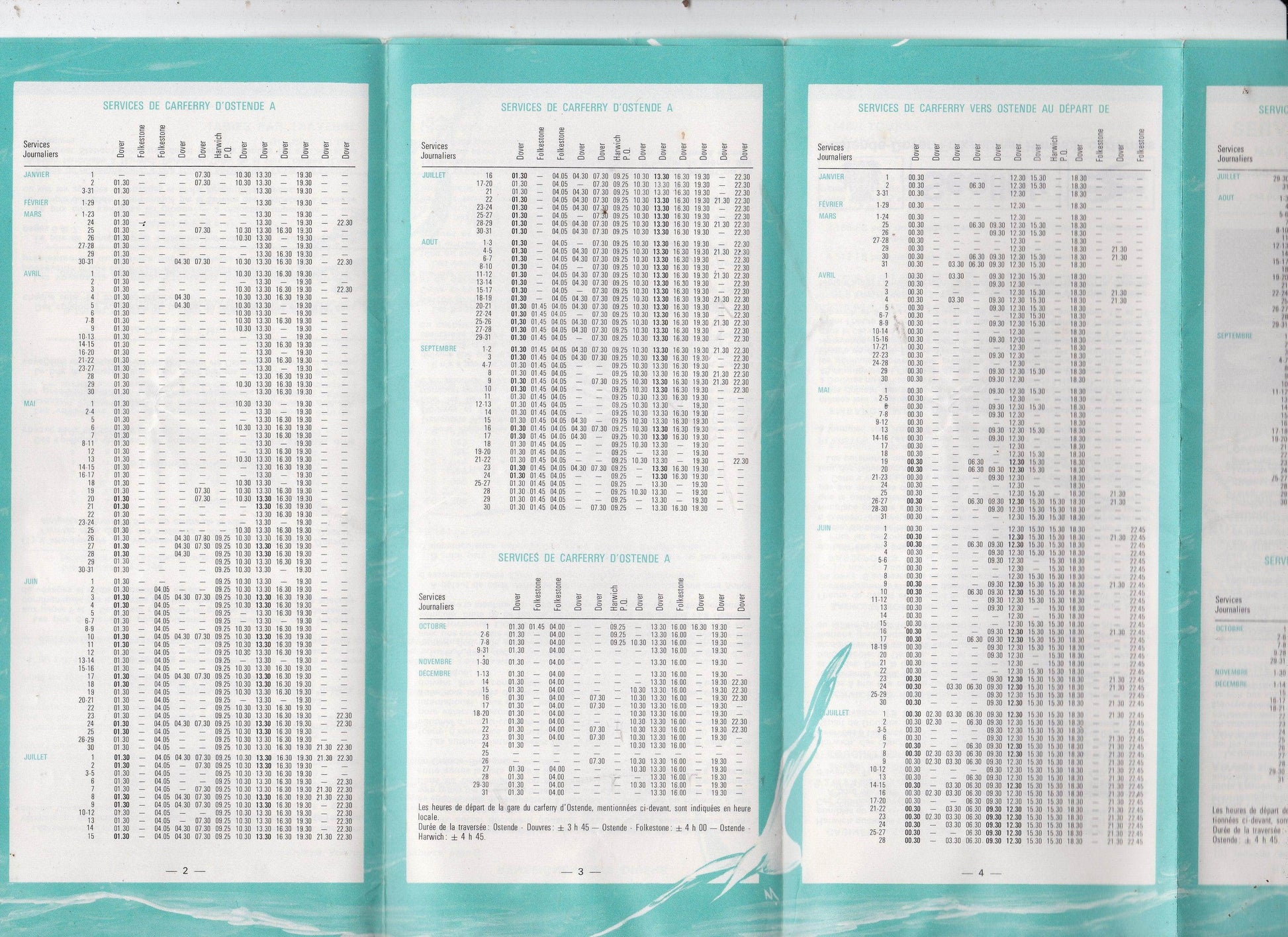 Sealink 1972 Car Ferry Schedule Dover Ostende Harwich Folkestone French - TulipStuff