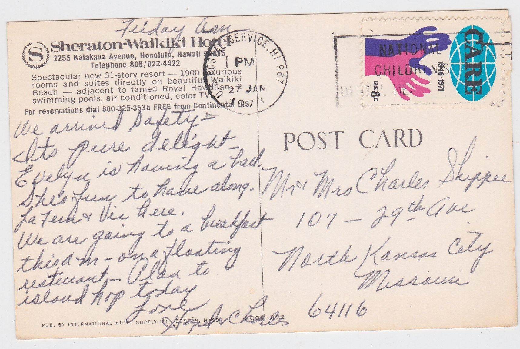 Sheraton-Waikiki Hotel Honolulu Hawaii 1973 Postcard - TulipStuff
