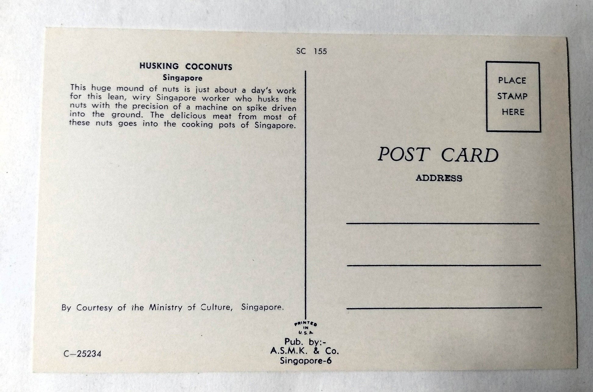 Singapore Worker Husking Coconuts Early 1960's Postcard - TulipStuff