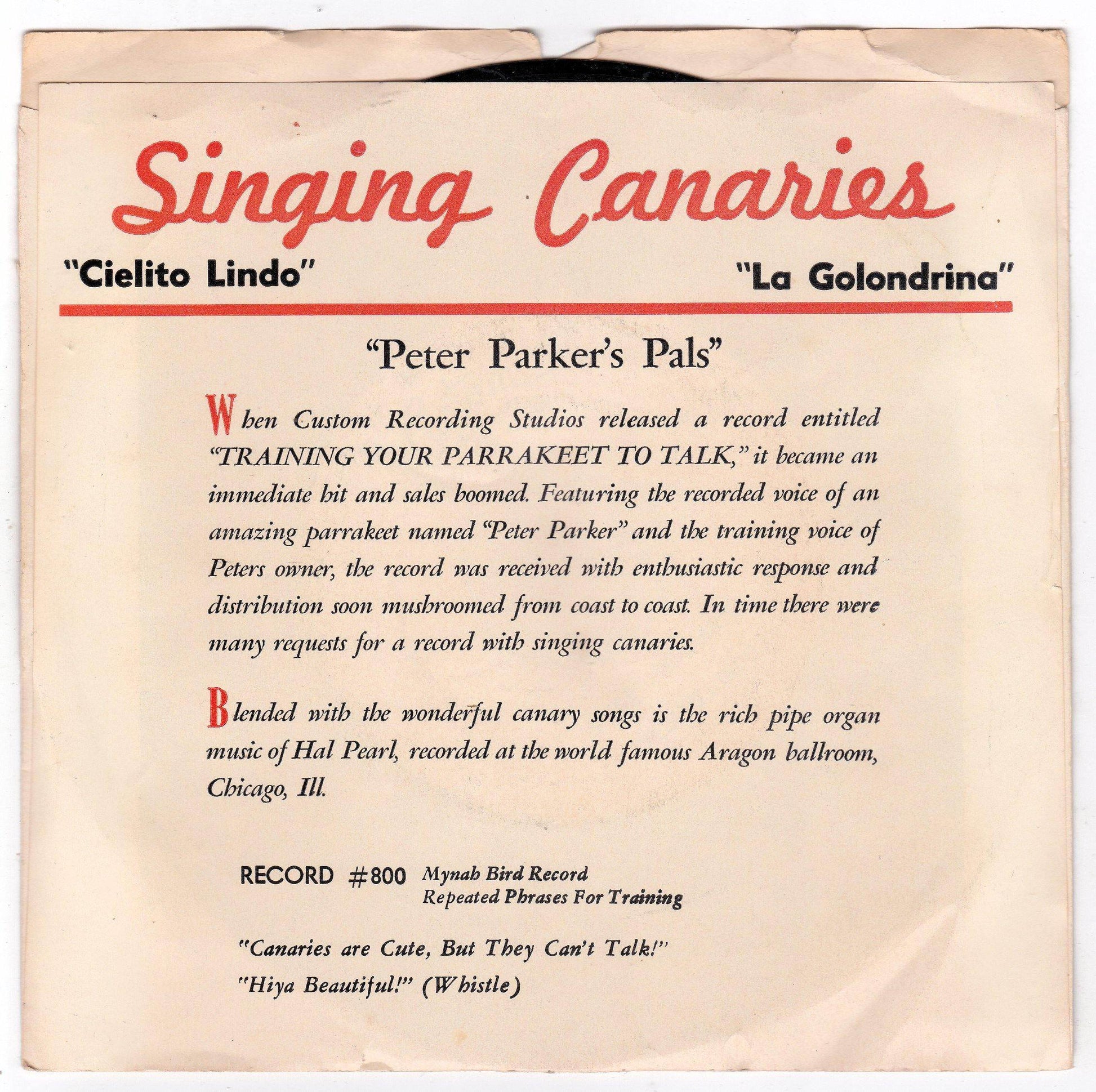 Parker Singing Canaries Cielito Lindo / La Golondrina 7" Vinyl 1954 - TulipStuff