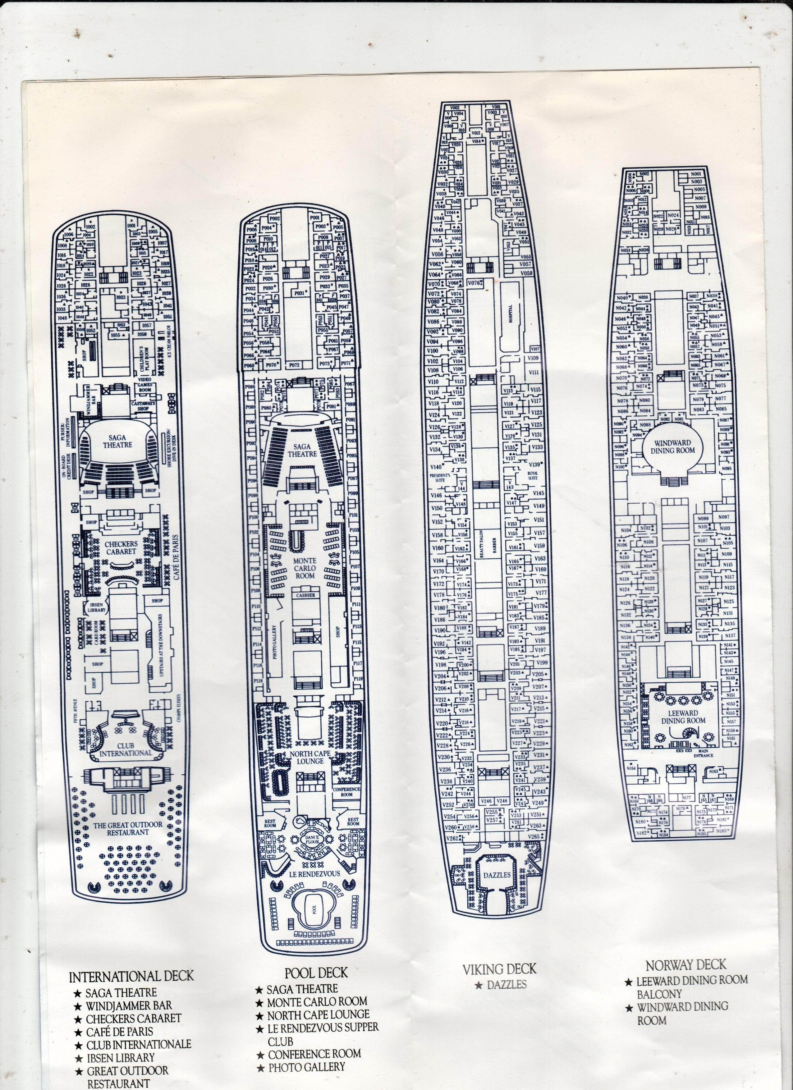Norwegian Cruise Line ss Norway Directory Deck Plans 1990's