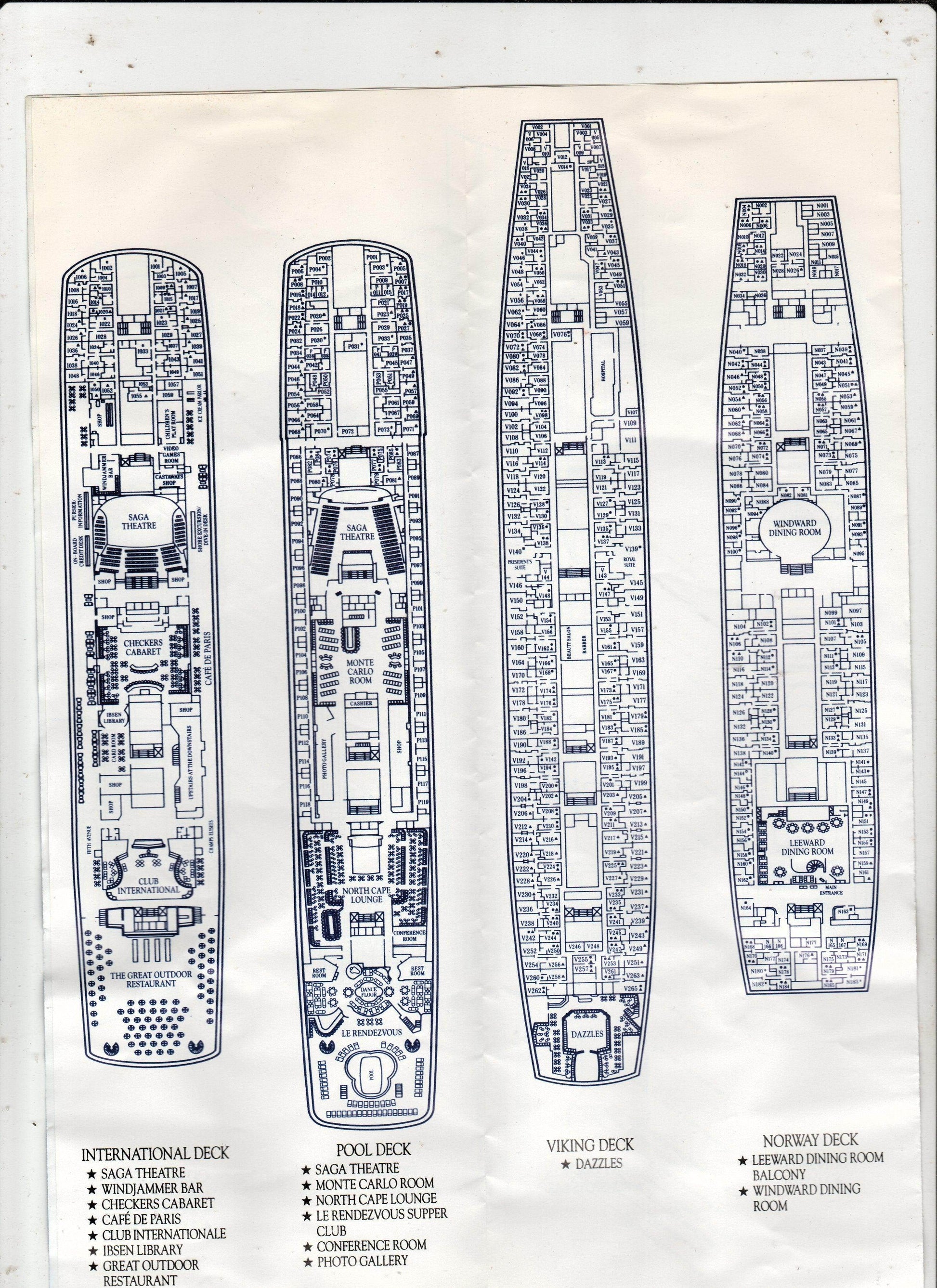 Norwegian Cruise Line ss Norway Directory Deck Plans 1990's - TulipStuff