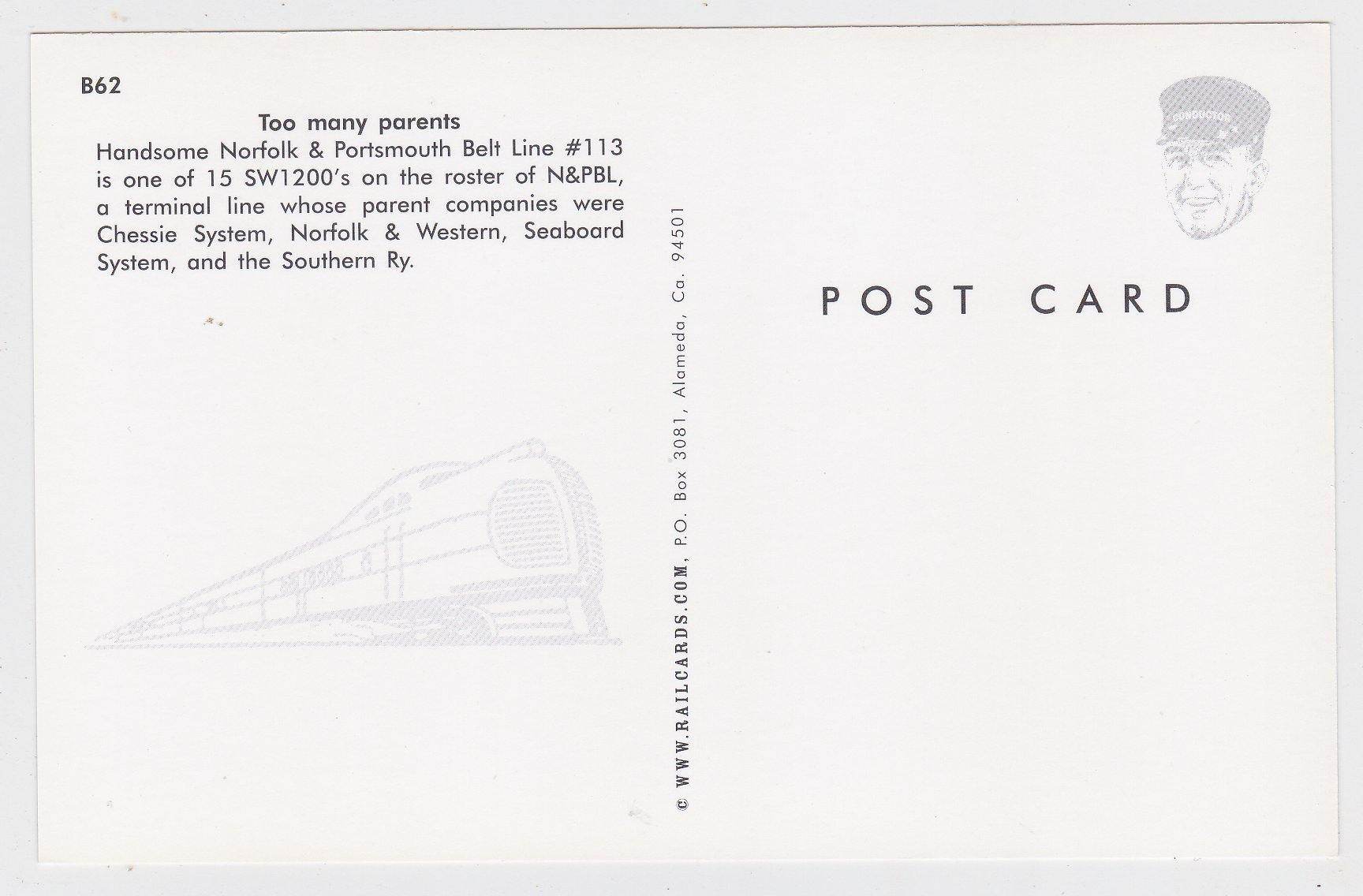 Norfolk & Portsmouth Belt Line EMD SW1200 Locomotive Train  Postcard - TulipStuff