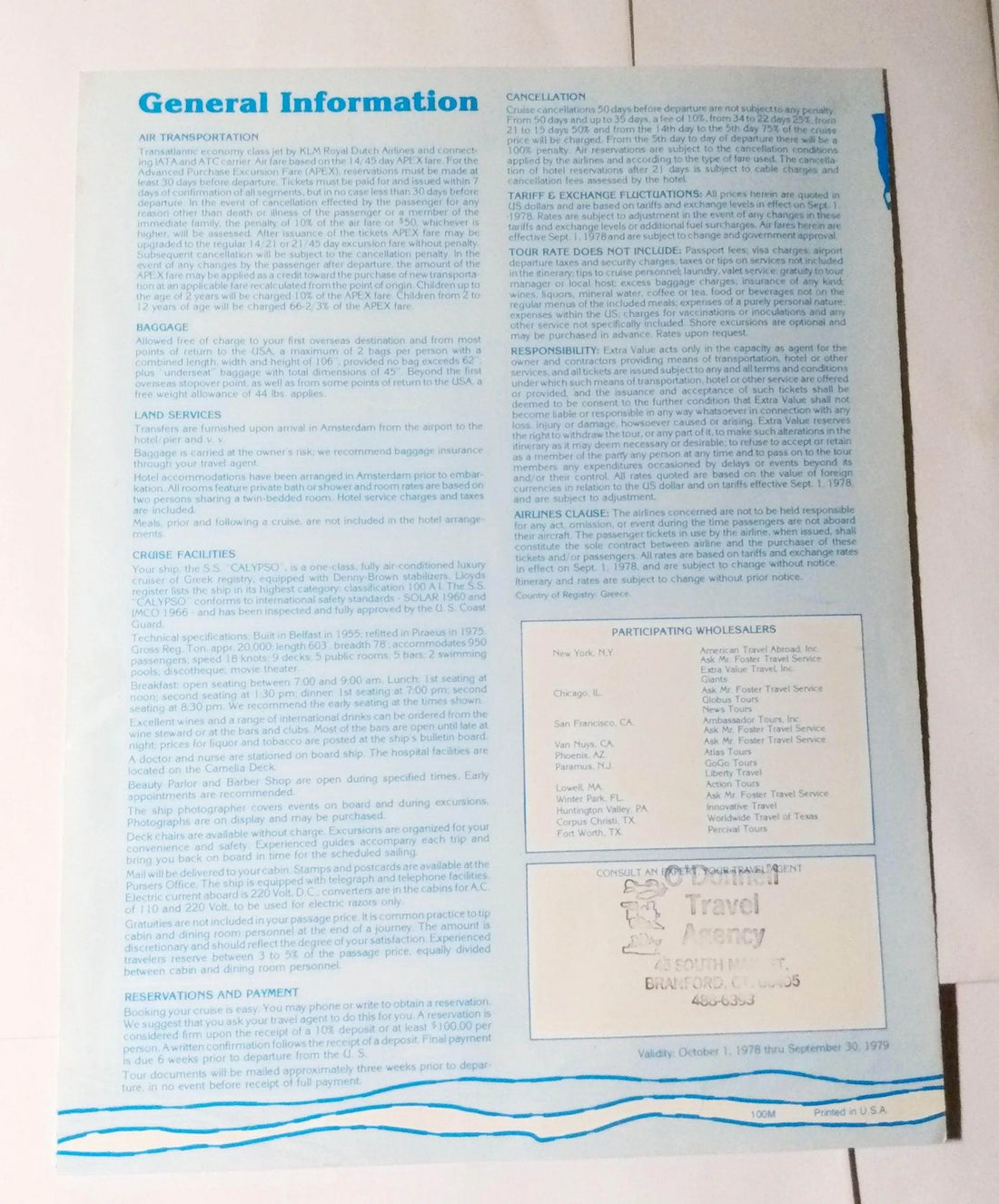 Ulysses Line ss Calypso (ex Southern Cross Azure Seas) 1979 Brochure