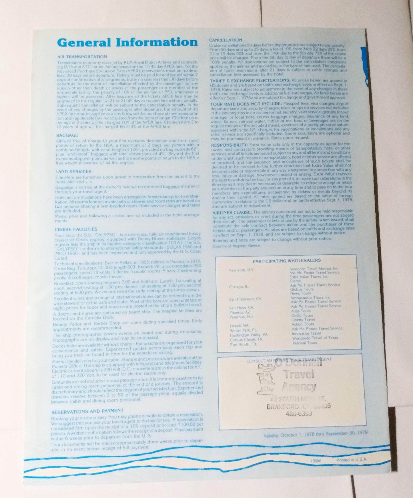 Ulysses Line ss Calypso (ex Southern Cross Azure Seas) 1979 Brochure - TulipStuff