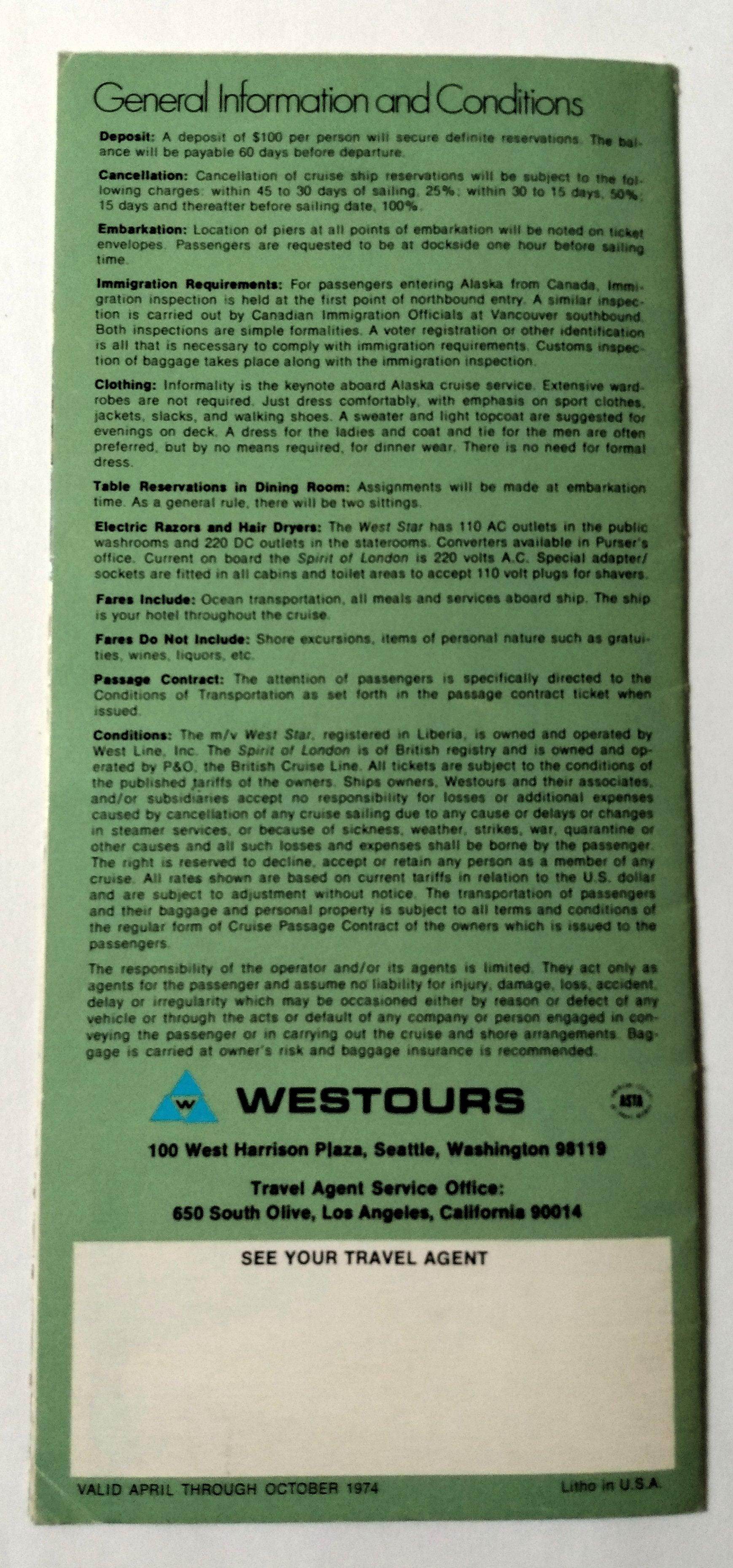 Westours mv West Star Spirit of London Alaska Cruise Brochure 1974 - TulipStuff