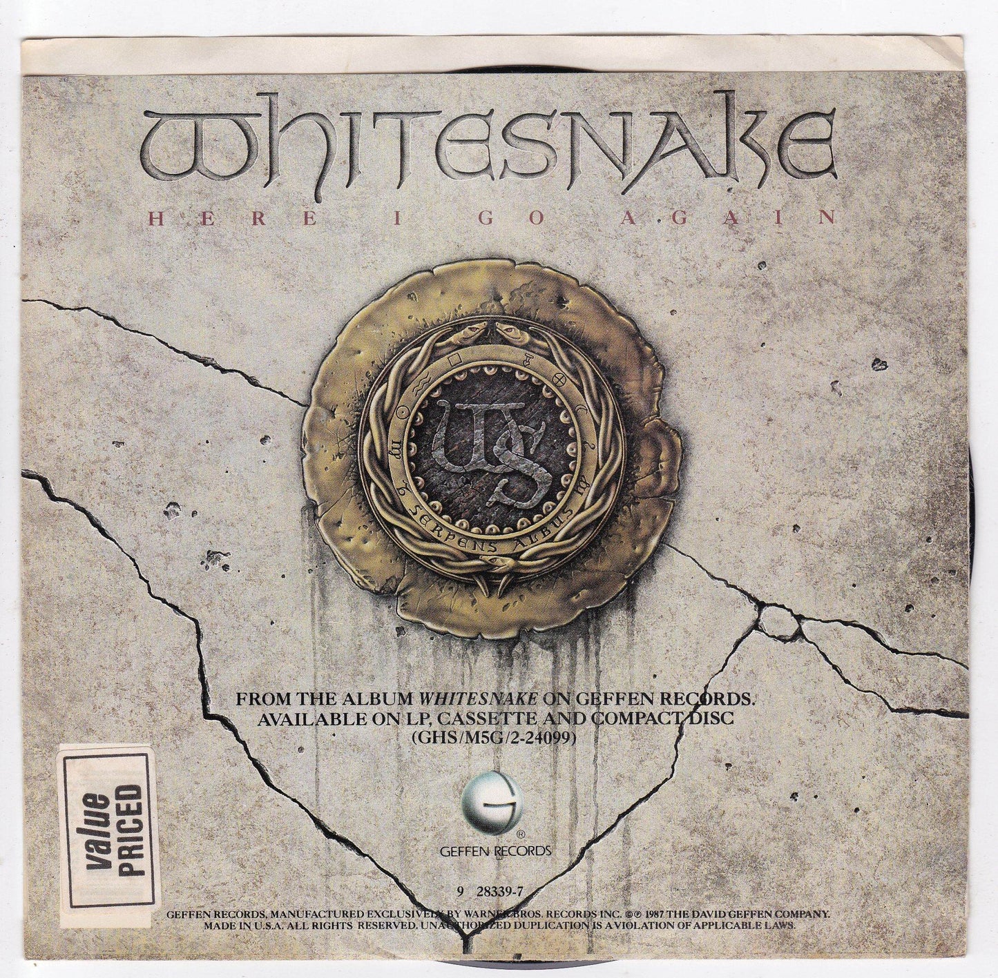 Whitesnake Here I Go Again 7" 45RPM Vinyl Record 1987 Metal - TulipStuff