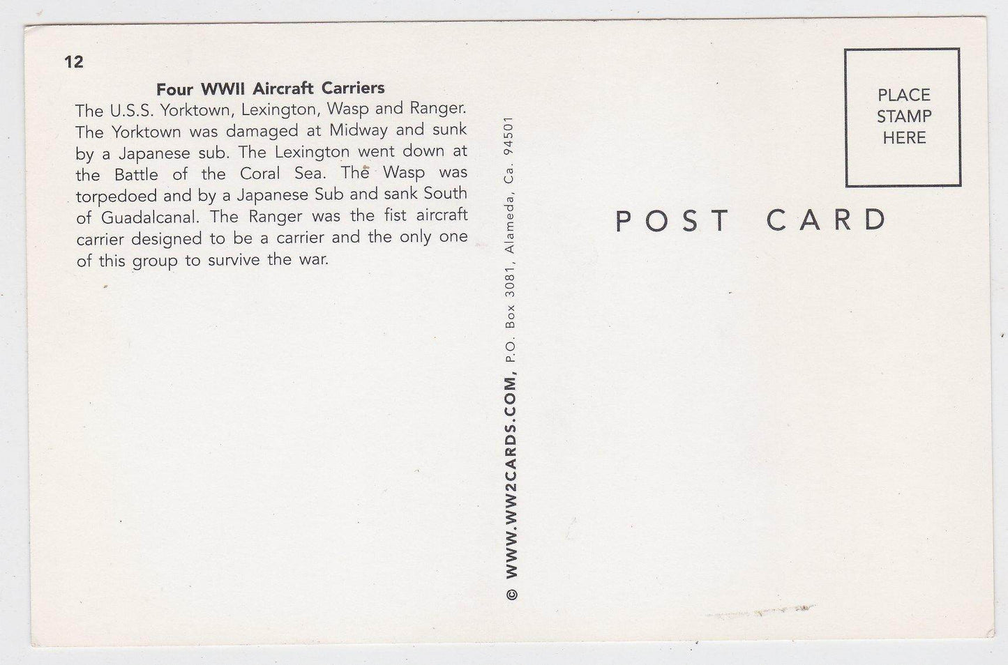 WWII Aircraft Carriers Postcard Yorktown Lexington Wasp Ranger - TulipStuff